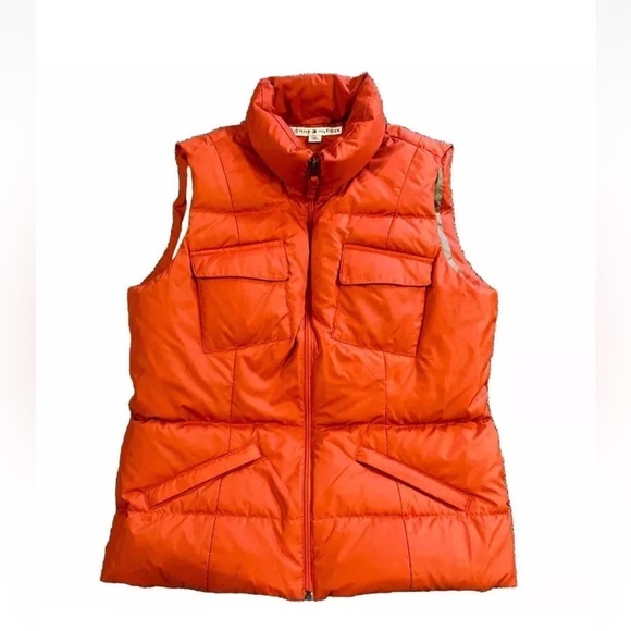 VTG TOMMY HILFIGER Down Puffer Vest Jacket Orange Women Medium Zipped Pockets - Picture 1 of 3